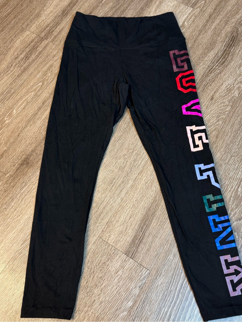PINK Victoria's Secret Black Leggings with Multicolor Side Logos
